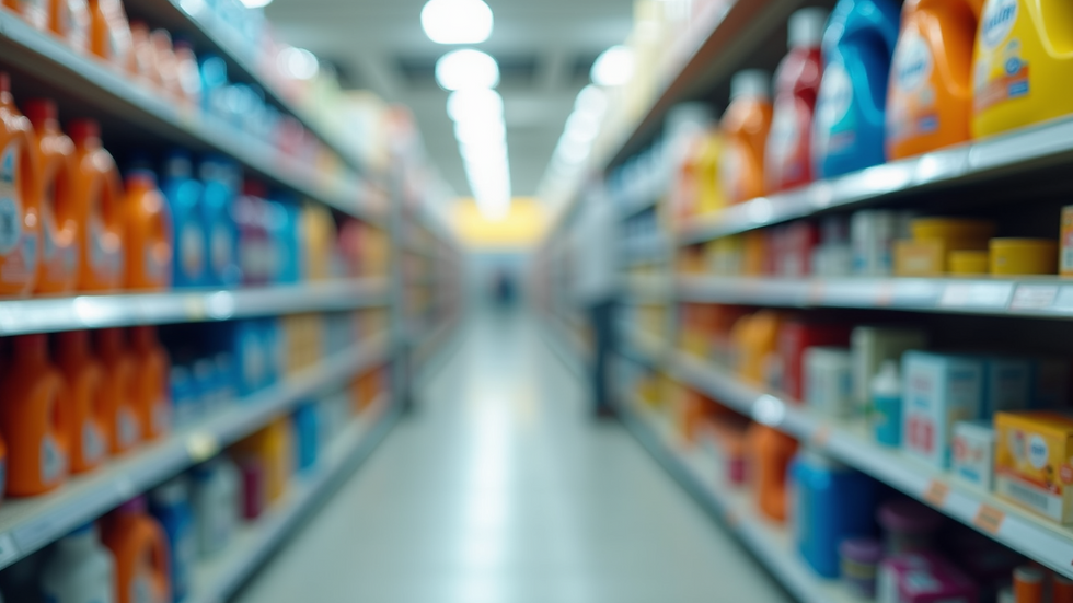 Eye-level view of a laundry detergent aisle in a store