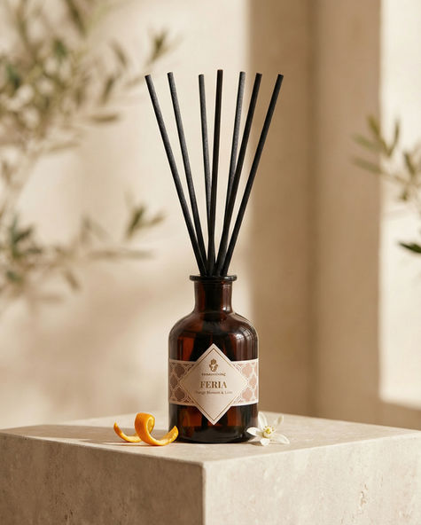 Elegant Onenessliving home fragrance diffuser with wooden reed sticks, lifestyle product photography in a modern Tarifa villa