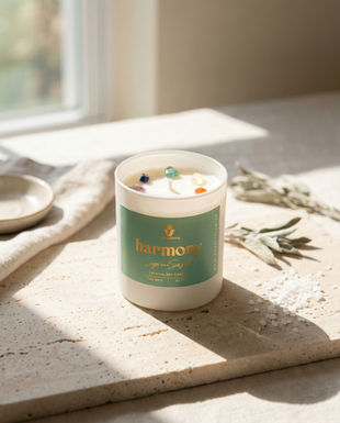Minimalist product photography of a lit Onenessliving scented candle against a clean neutral background, shot in a Tarifa studio