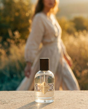 Macro shot of a Onenessliving perfume glass bottle with water drops, professional beauty photography.