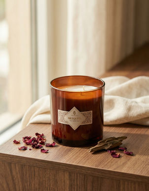 Close-up of a lit Onenessliving candle on a wooden table, commercial product photography in Andalusia.