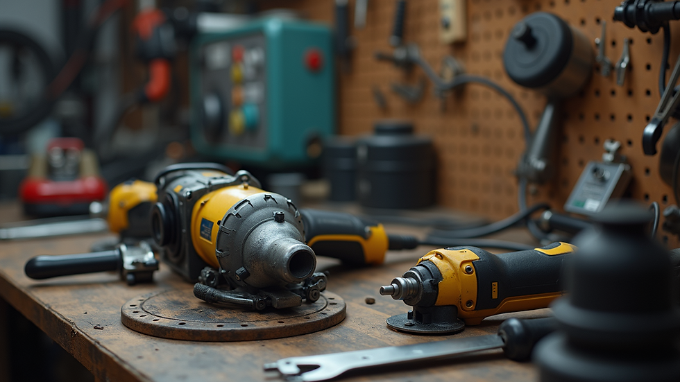 Eye-level view of a workbench with power tool parts and tools