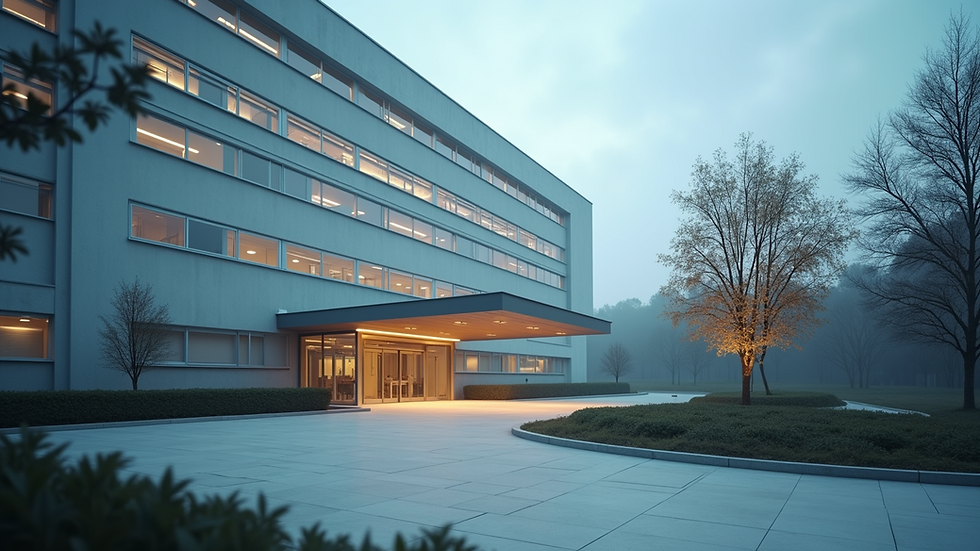 Eye-level view of a modern hospital exterior
