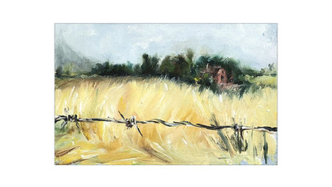 Plein-air oil painting of fields and a farm house