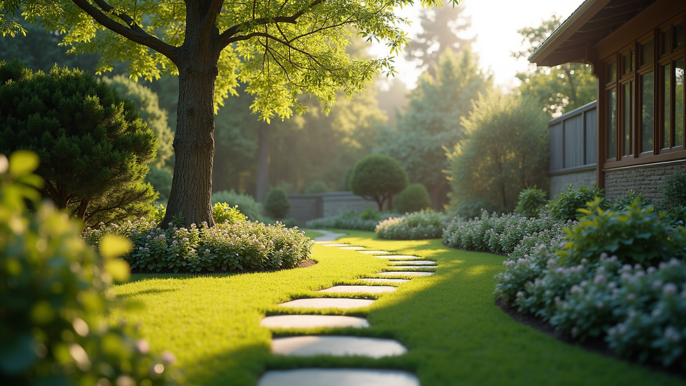 Wide angle view of a calm landscaped garden
