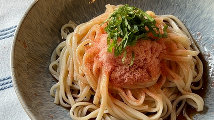 Cold Udon Noodles with shaved frozen tomato.
