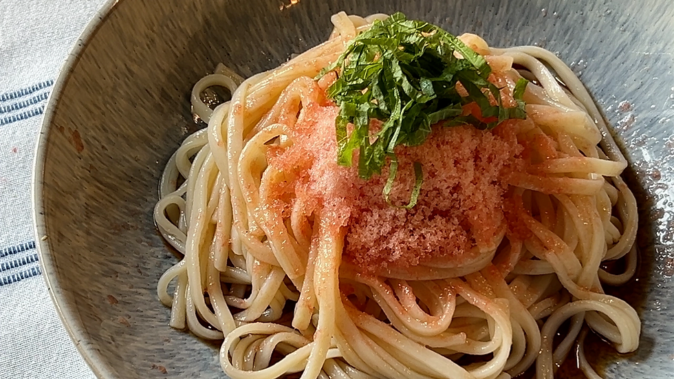 Cold Udon Noodles with shaved frozen tomato.