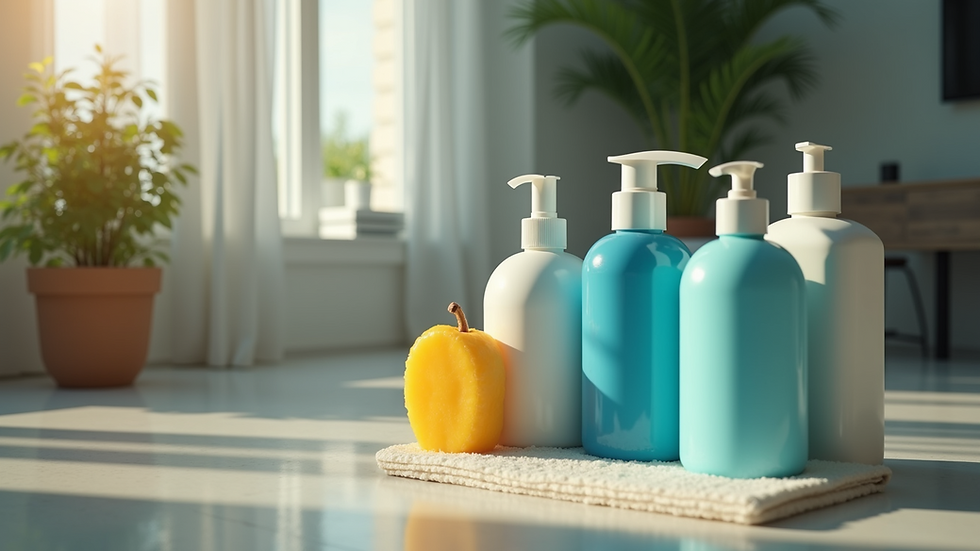 Plano detalle de equipo profesional de limpieza con productos y herramientas