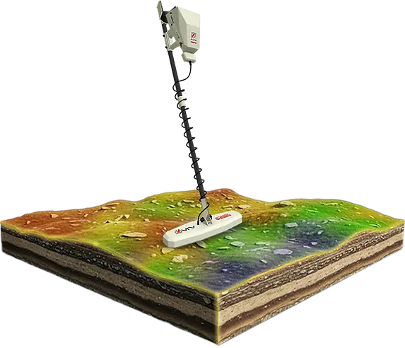 Gold detector coil scanning mineralized ground for natural gold prospecting