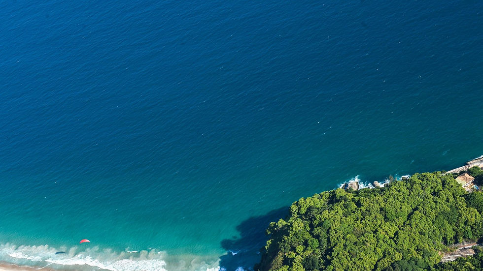 Aerial forested coastline with turquoise waters and white-capped waves near Algarrobo Chile bay