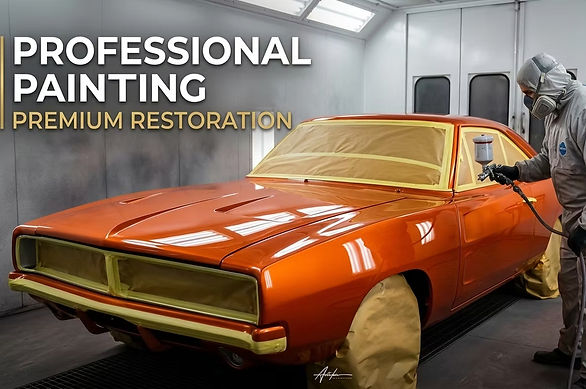 Custom painted orange car in professional spray booth
