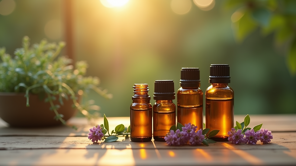 Close-up view of essential oils in glass bottles on a wooden surface