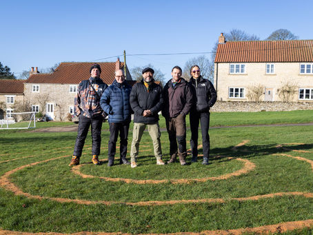 The Screenhouse Productions team with the One Show Presenter Kevin Duala on the labyrinth at Old Byland - photo by Val Mather