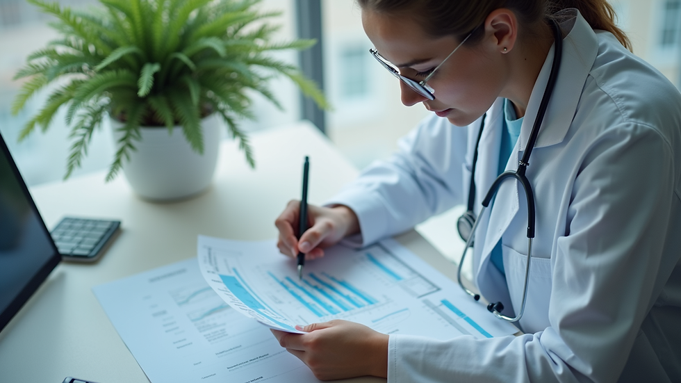 High angle view of a healthcare provider reviewing financial reports