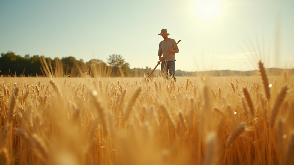 Close-up view of a farmer working in a golden wheat field