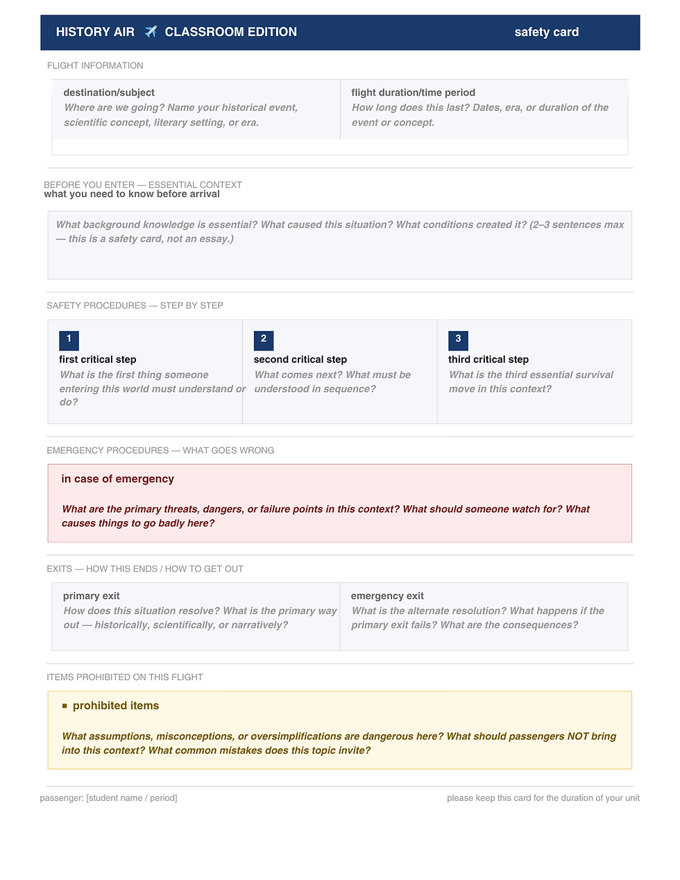 History-themed safety card with sections on flight info, essential context, safety procedures, emergency actions, exits, and prohibited items.
