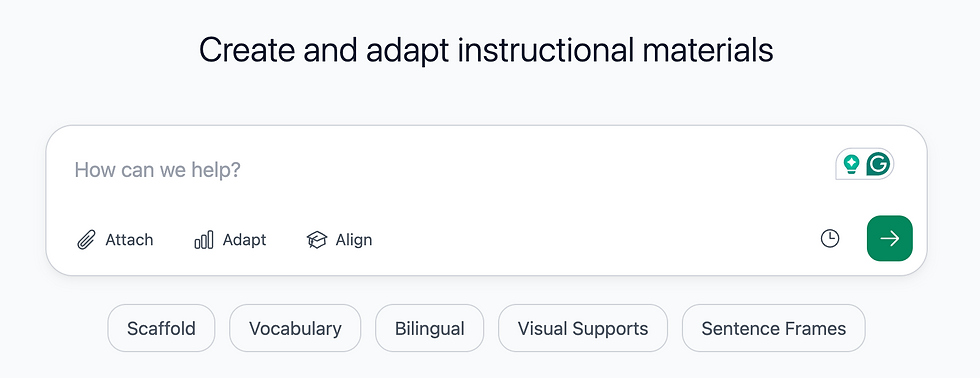 Instructional materials webpage with How can we help? prompt, Attach/Adapt/Align icons, and chips for Scaffold, Vocabulary, Bilingual.