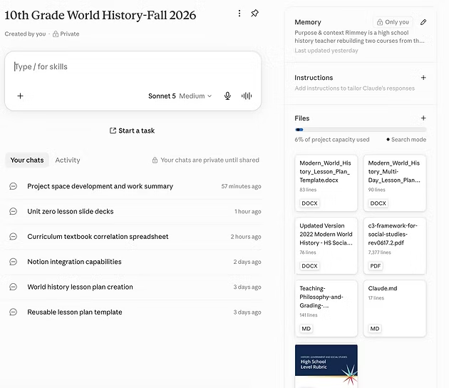 ChatGPT workspace for 10th Grade World History-Fall 2026, with lesson chats, files, and a world history rubric sidebar.