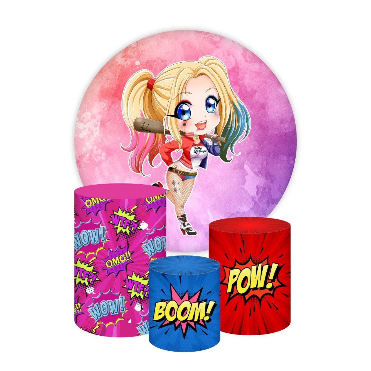 HarleyQuinn Themed Round Backdrop and Cylinders Kit