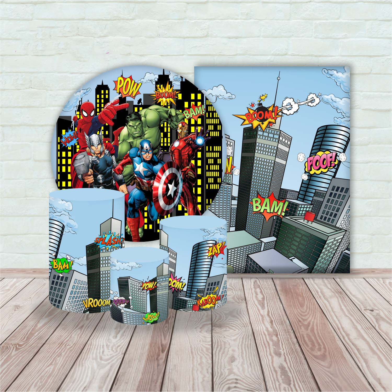 Avengers Superheroes Round Backdrop + Arch or Rectag Backdrop + Cylinders Kit (5