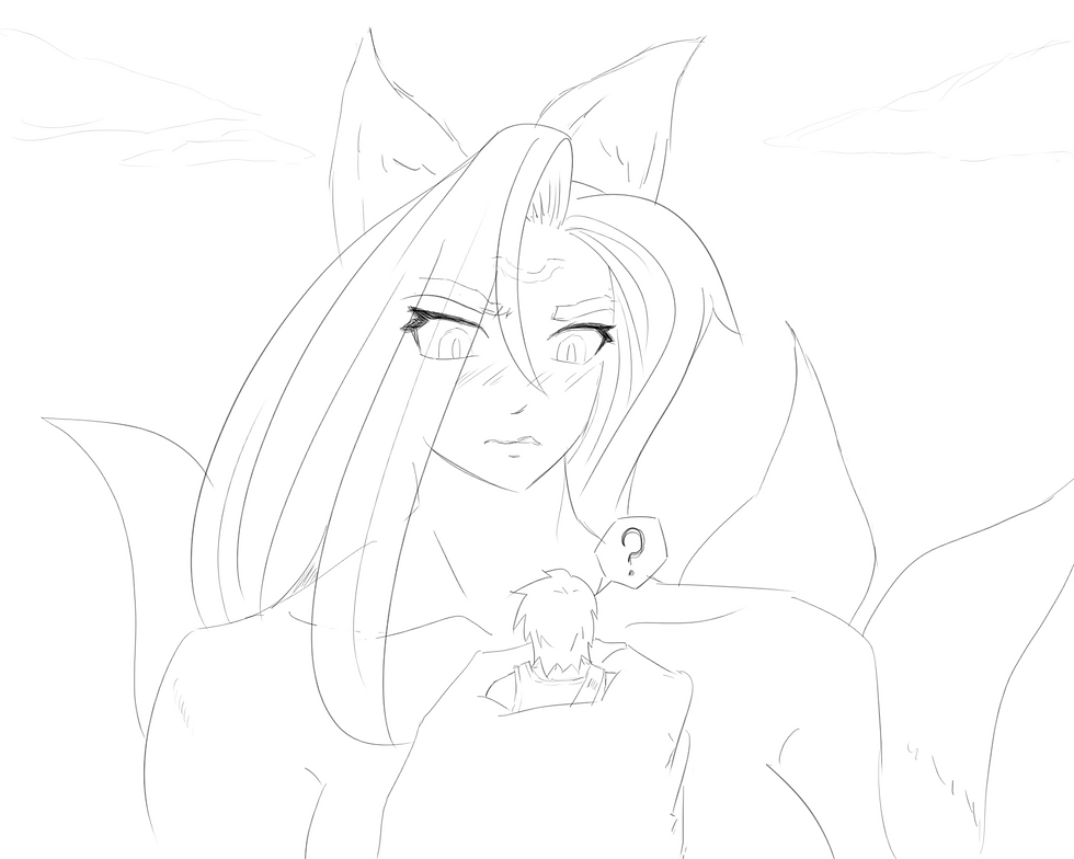 The Scarlet Vixen holding Atreus (her expression left vague to avoid spoilers)