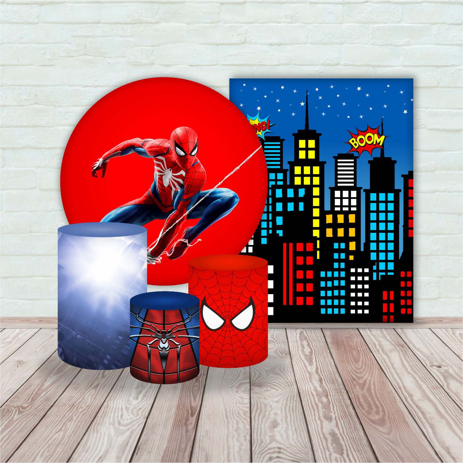 Spider Man Round Backdrop + Arch or Rectag Backdrop + Cylinders Kit (5
