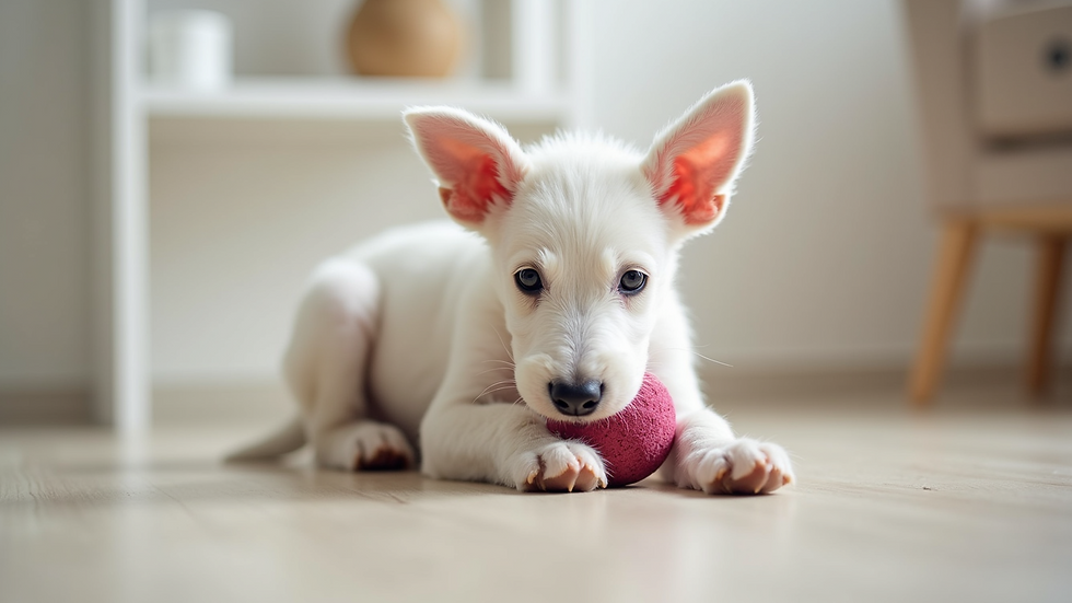High angle view of a Bedlington Terrier puppy playing with a toy on the floor