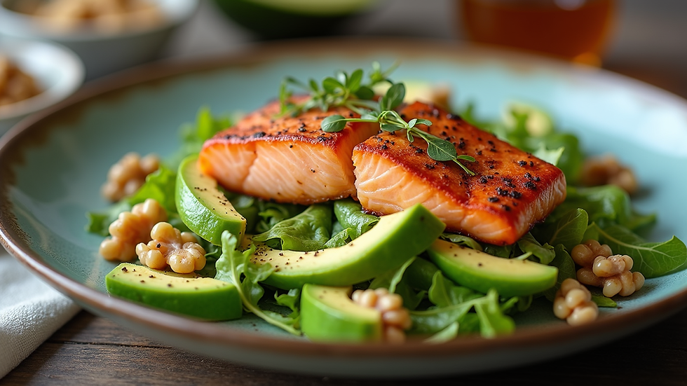 Close-up view of a grilled salmon salad with avocado and walnuts