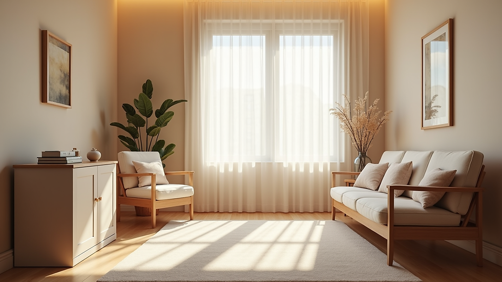 Eye-level view of a calm therapy room with soft lighting and comfortable seating