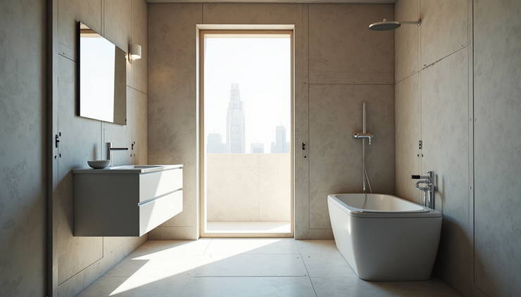Eye-level view of a modern bathroom under construction showing plumbing and electrical setup