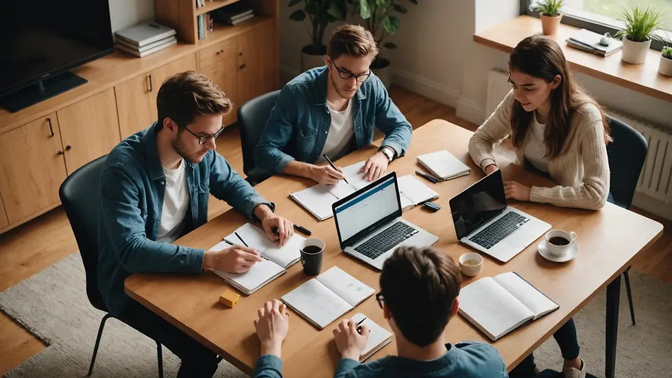 High angle view of students studying together at home using technology for distance learning