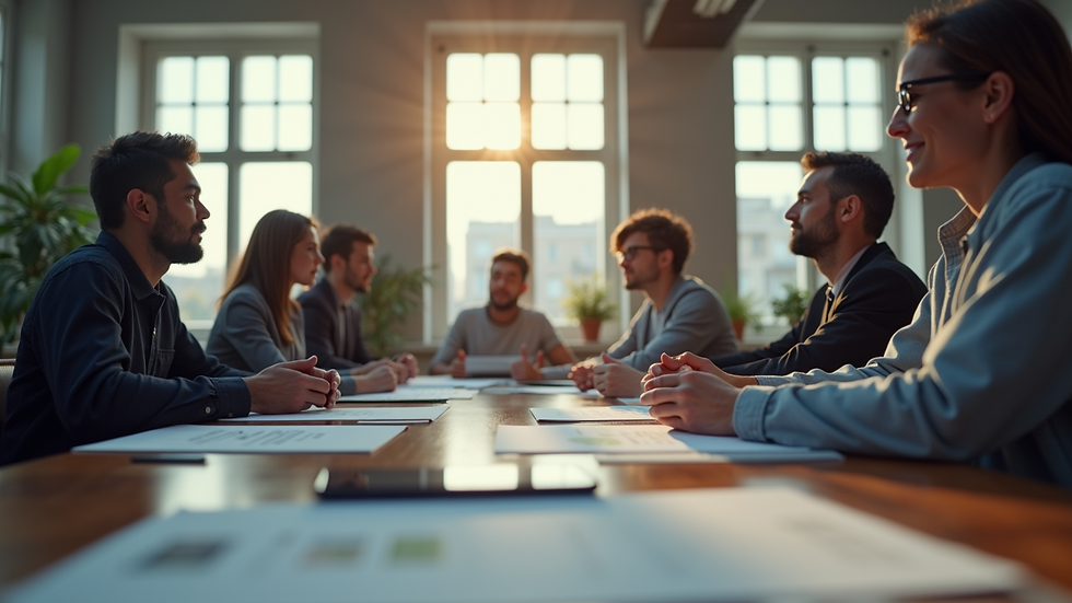 Eye-level view of a collaborative workspace with creators discussing strategies