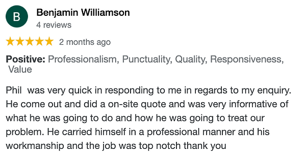 a positive review from pest control customer in brisbane 2