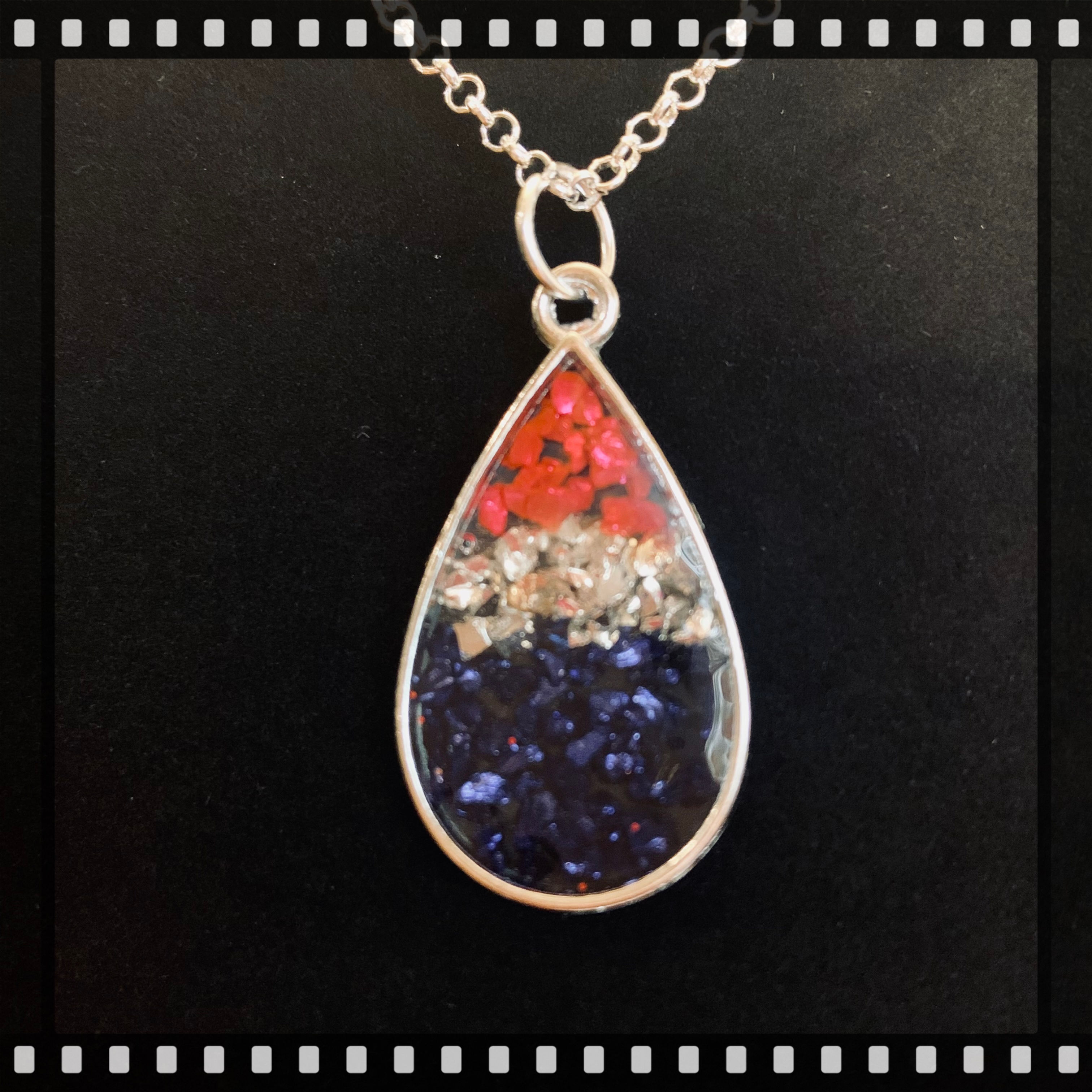 Red, Silver, Blue Teardrop Necklace, 18” Chain