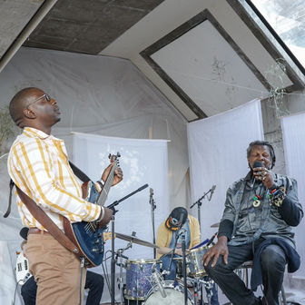 lonnie holley and Vieux Farka Touré jamming in a mobile recording studio 