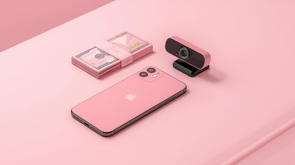clean cut look of a phone, webcam and money that is pink and black.jpg