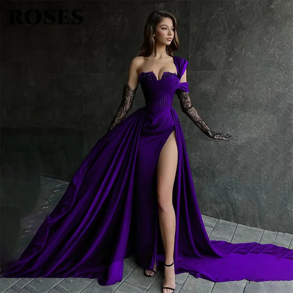 Thumbnail: ROSES Red Side High Split Mermaid Evening Dresses One Shoulder Prom Dresses