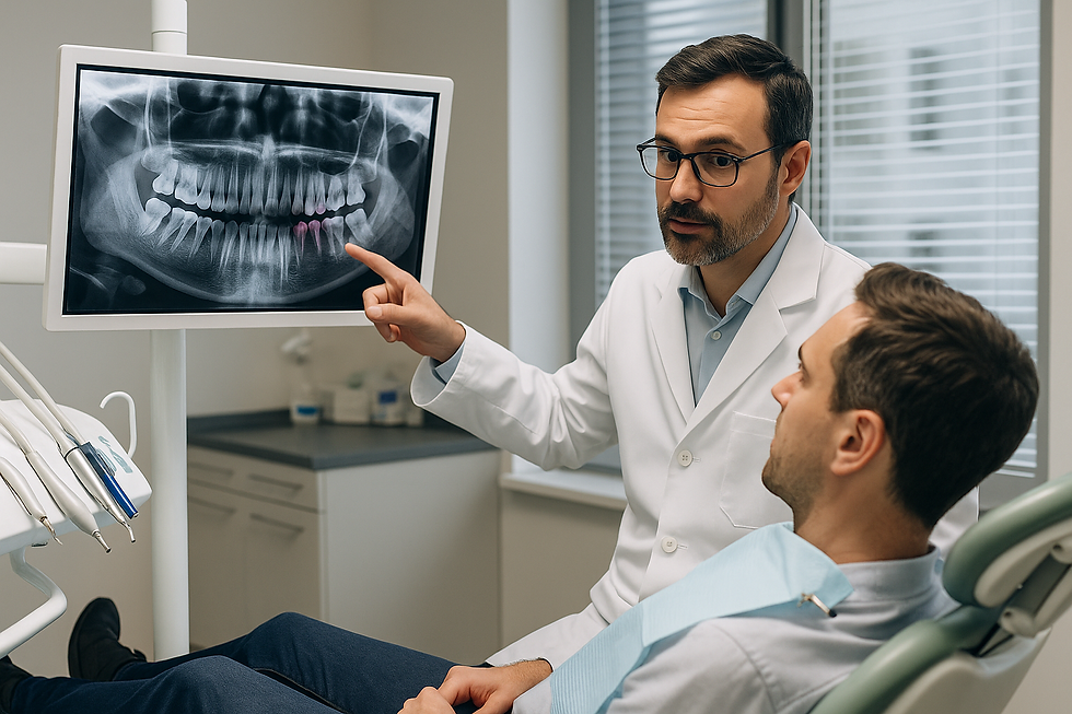 Un dentista che mostra una radiografia ad un paziente