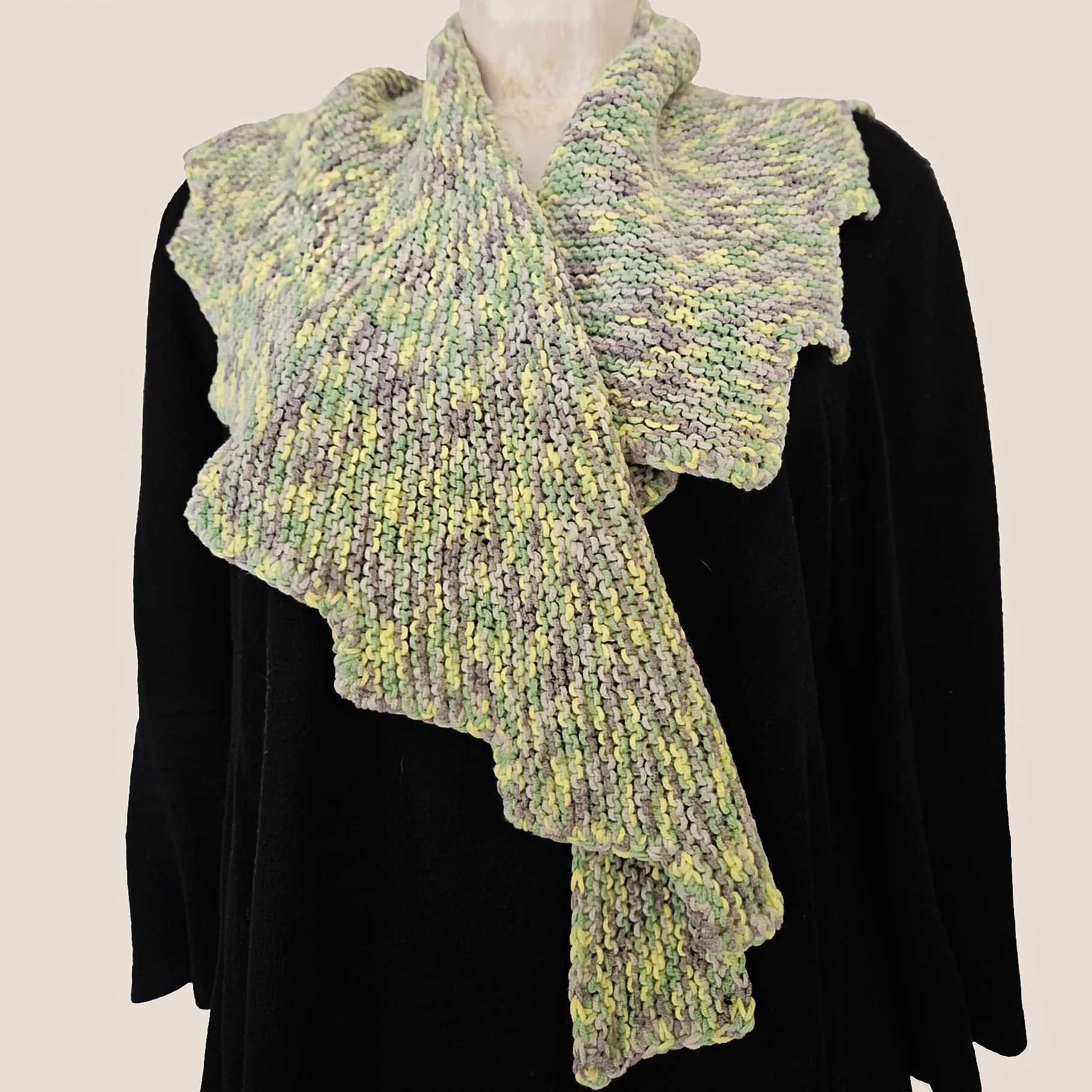 Handmade Knitted Cotton Scarf – Soft Multicolour Wrap in Fresh Green Tones