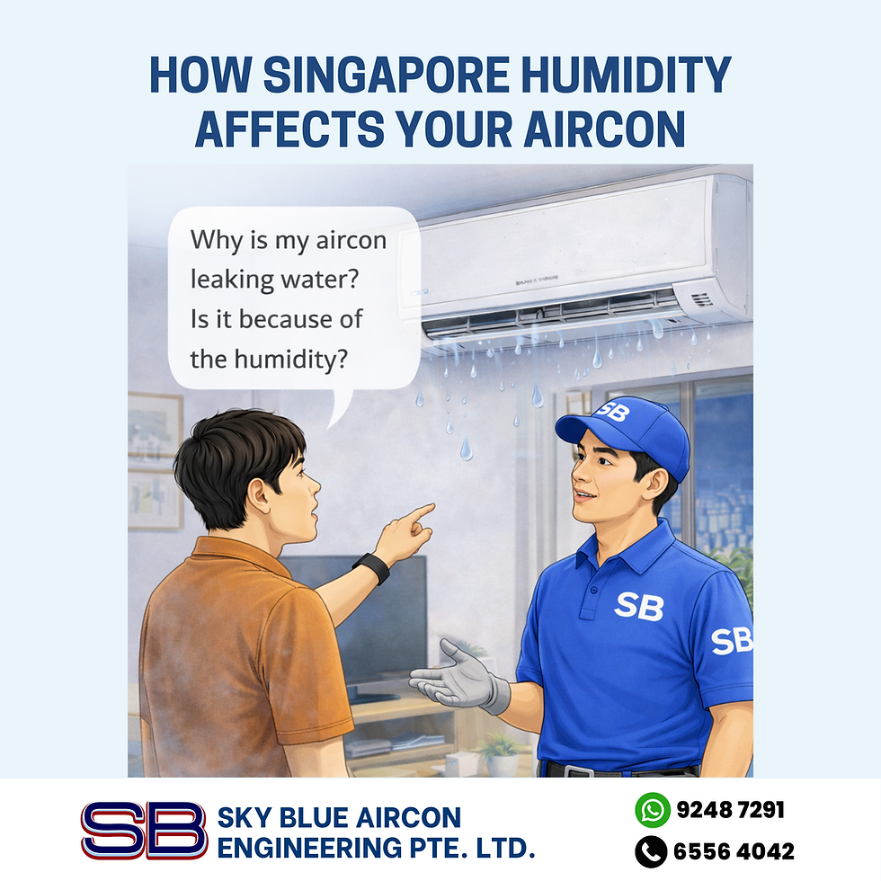 Aircon unit in Singapore home producing condensation due to high humidity while technician explains maintenance