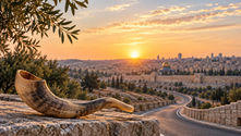 A shofar resting on a stone wall overlooking Jerusalem at sunrise