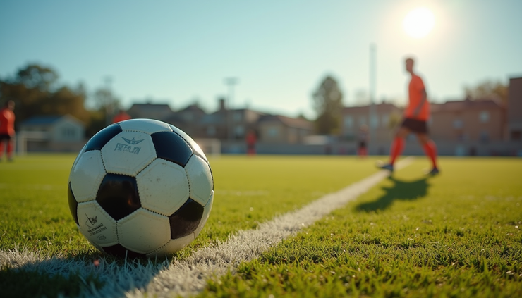 Eye-level view of a soccer ball placed on the penalty spot with a blurred goalkeeper in the background