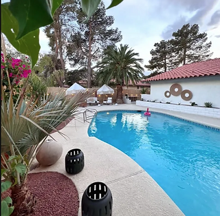Mid century pool that is tastefully landscaped.