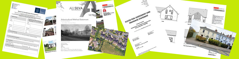 Planning form, planning statements, photographs and architectural drawings on a green background