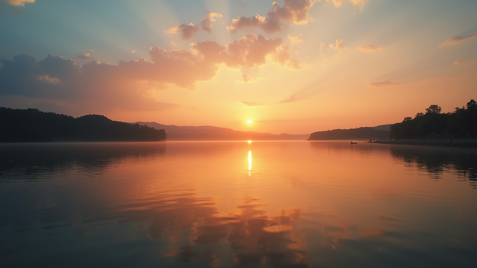 Eye-level view of a serene sunset over a calm lake