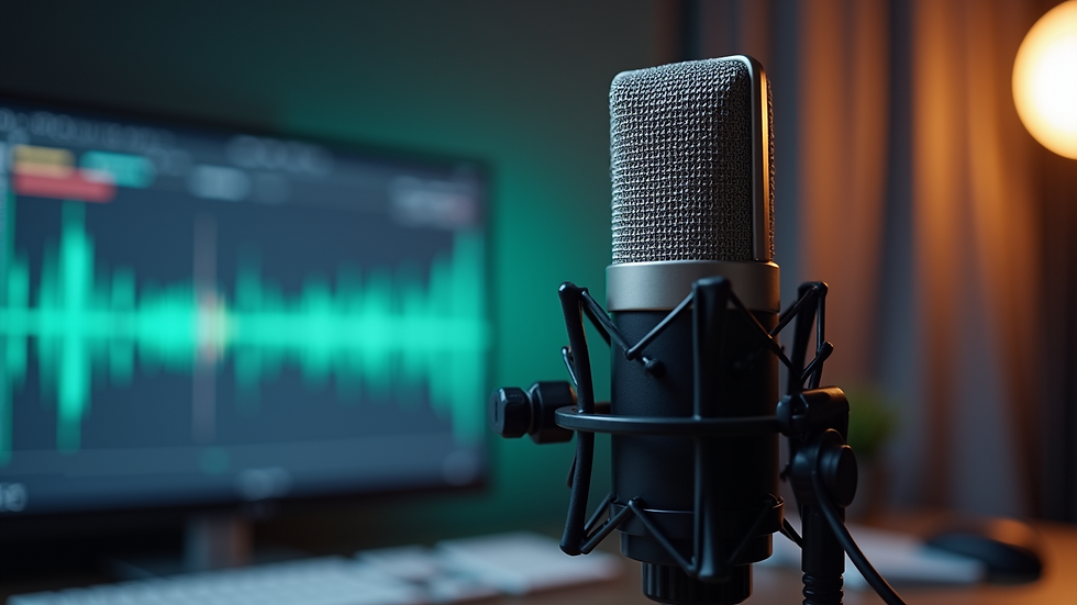 Close-up view of a microphone on a podcasting table