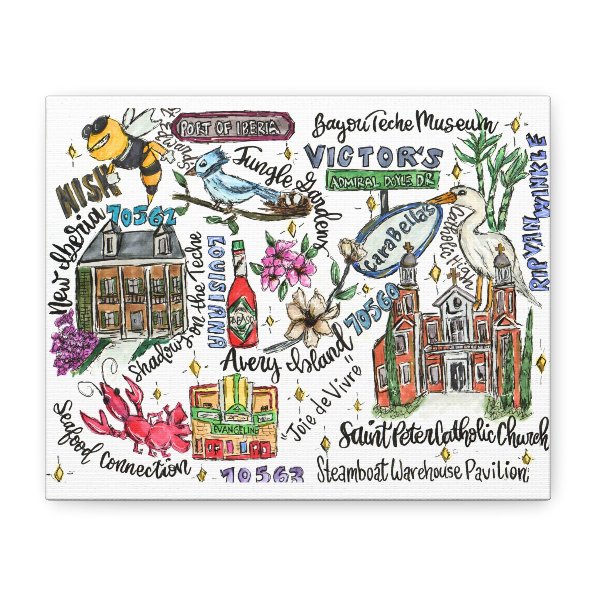 New Iberia, Louisiana Illustrated Map Canvas — Stretched Matte Wall Art