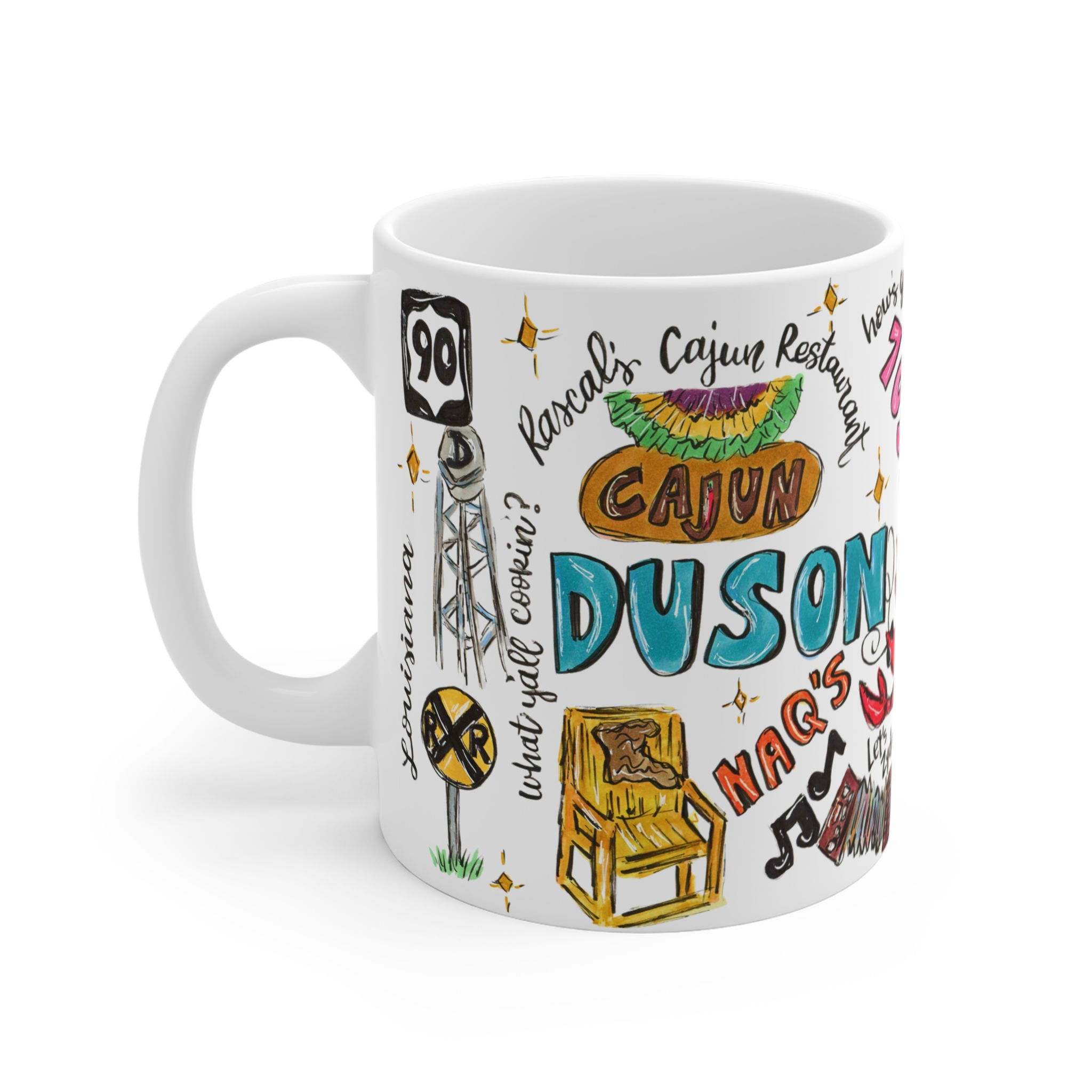 Duson, Louisiana 11oz Coffee Mug — Local Landmarks & Zydeco Illustration