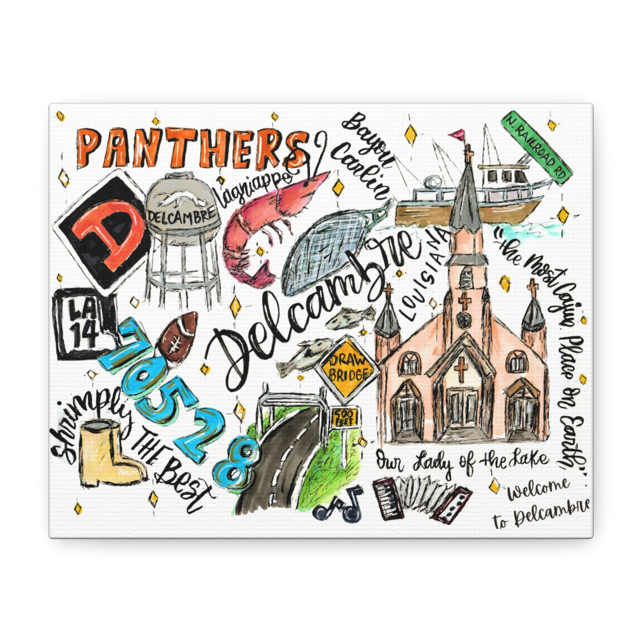 Delcambre, Louisiana Illustrated Map Canvas