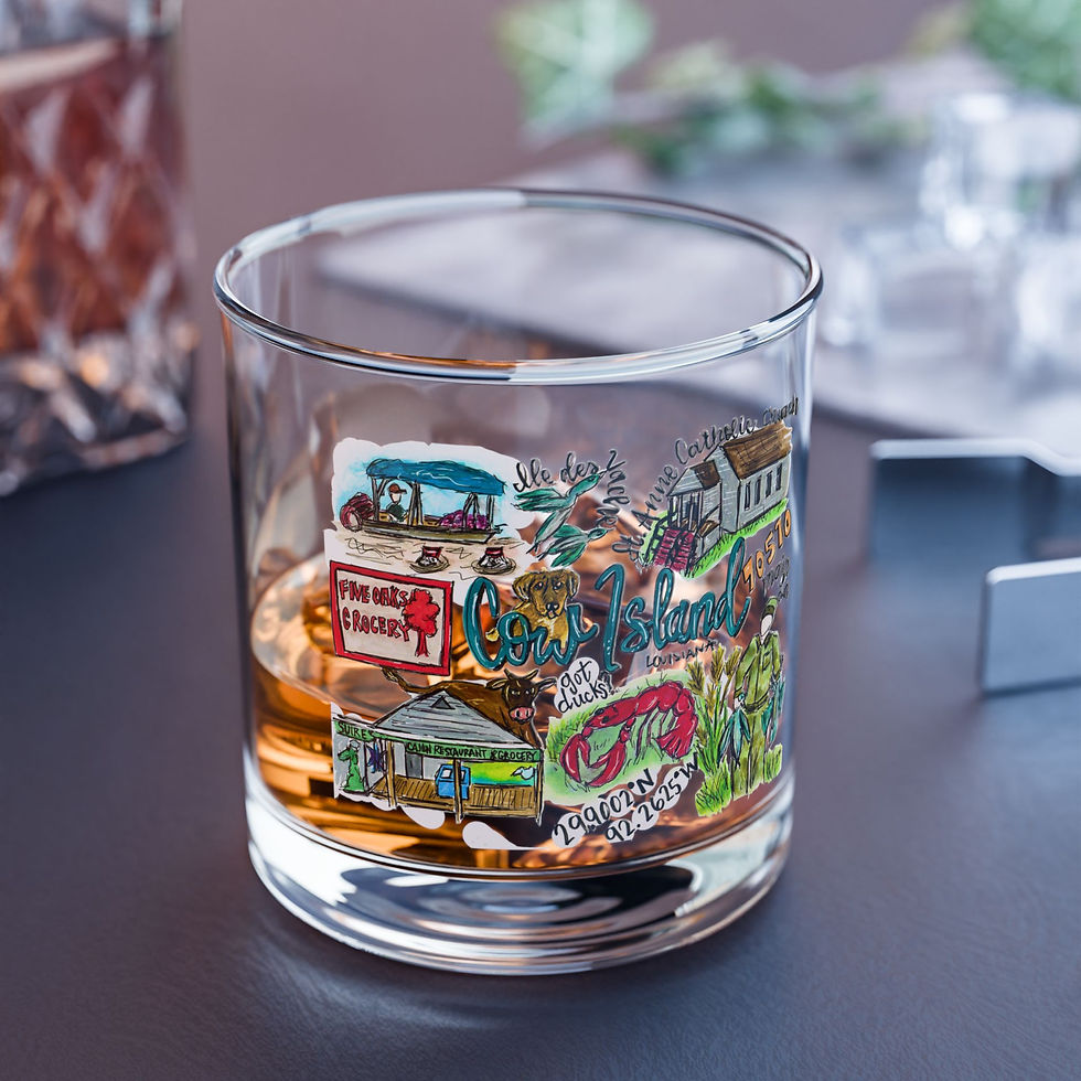 Thumbnail: Cow Island, Louisiana Hand-Illustrated Whiskey Glass — 10oz Rocks Glass